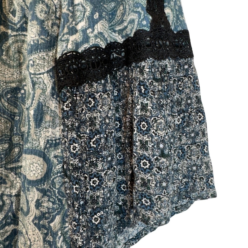 CATO XL Paisley Boho Blouse Blue Teal Lace Inset Flared Sleeve Rayon Top - Picture 4 of 11